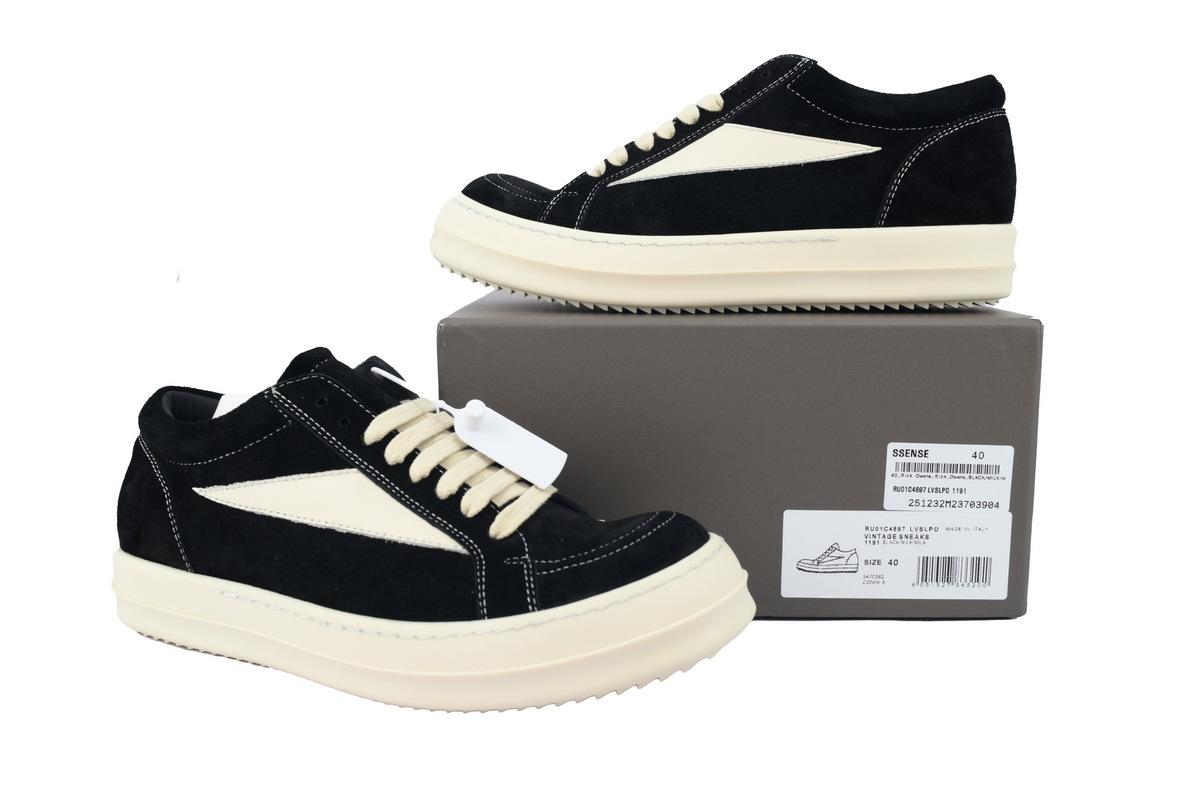 Rick Owens Suede Vintage Sneaker in Black, Milk and White